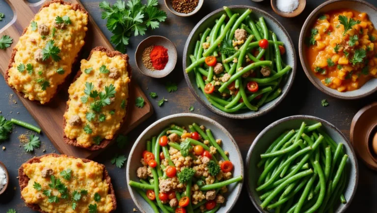 Variety of vegan dishes with canned green beans, including sautéed, casserole, and salad