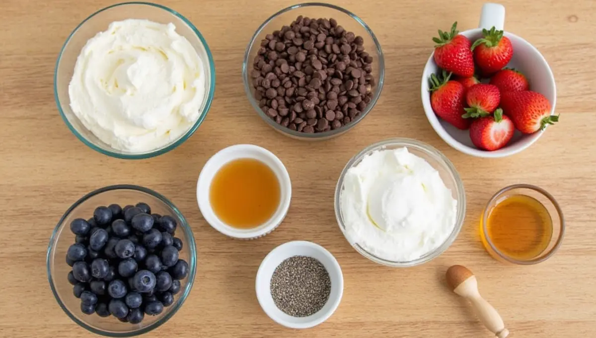 Ingredients for vegan dessert pizza including almond flour crust, coconut whipped cream, and fresh fruit