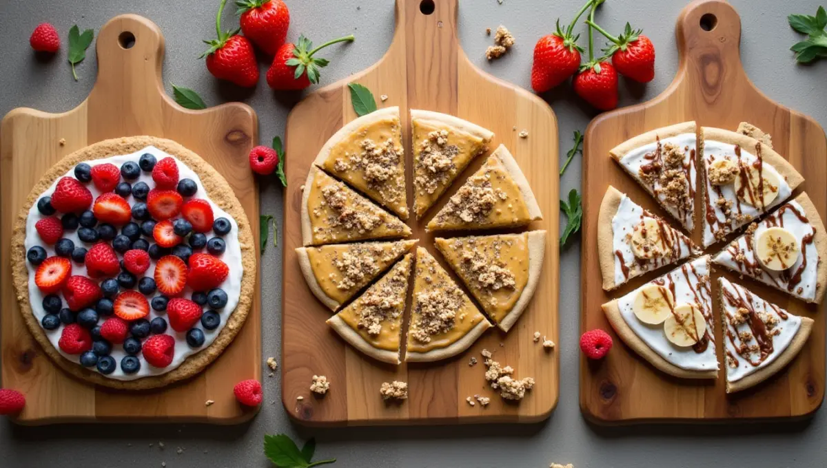 Various vegan dessert pizza variations with gluten-free, nut-free, and soy-free options