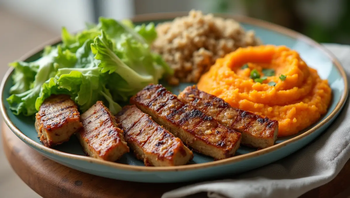 Brussels Cabbage served with mashed sweet potatoes, quinoa, and tofu steak