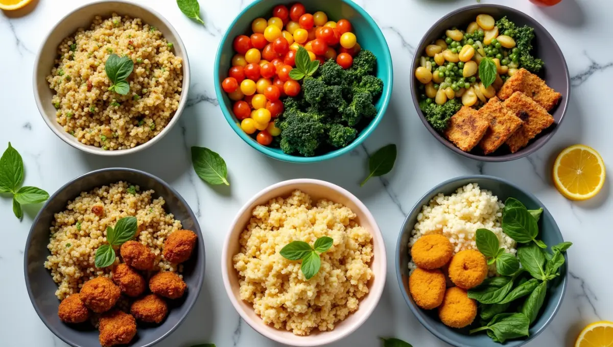 Six different Chicken and Sweet Potato Bowls with plant-based ingredients