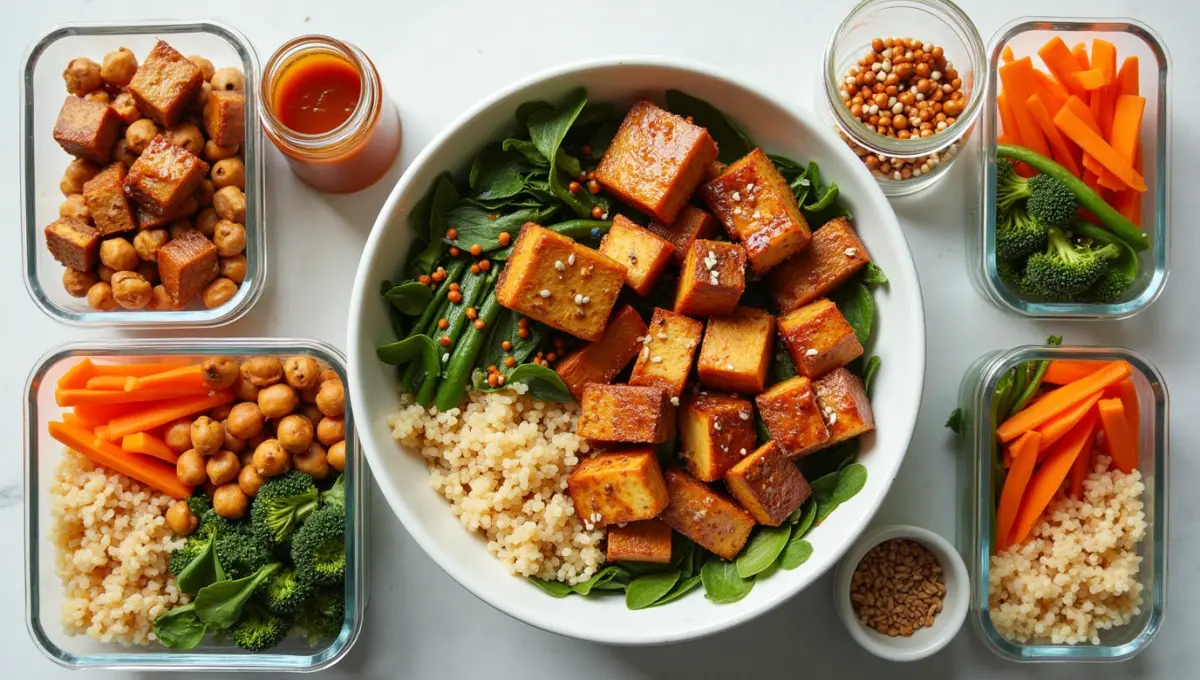 Teriyaki Chicken Rice Bowl elements including tofu, grains, veggies, and garnishes
