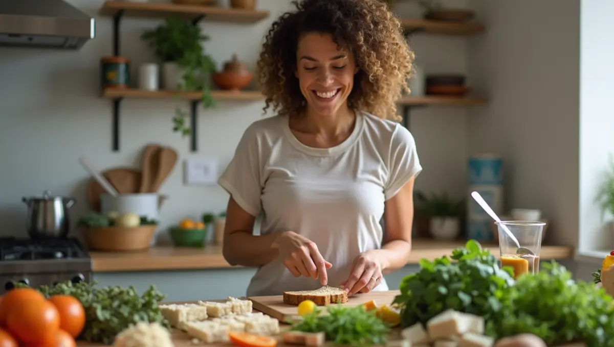 Woman prepping low carb high protein vegan meals with tofu and quinoa