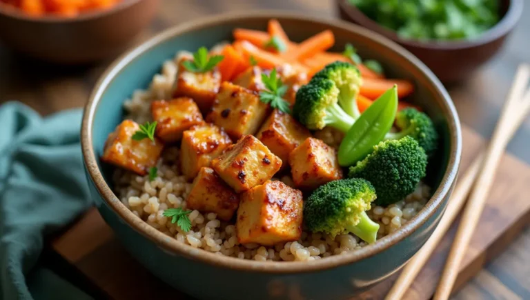 Teriyaki Chicken Rice Bowl with tofu and colorful vegetables