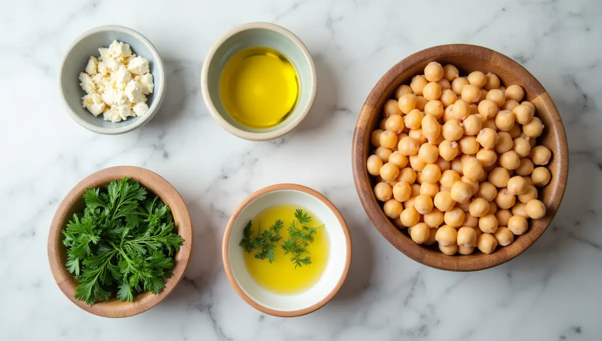 Chickpea Salad ingredients including tahini, lemon, parsley, and vegan feta