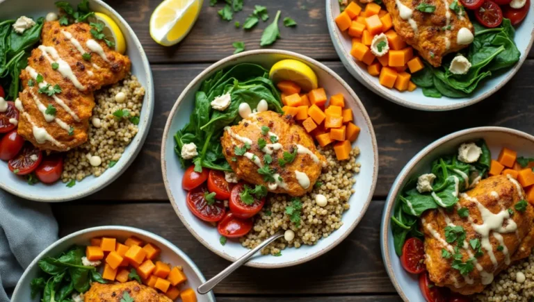 Colorful Chicken and Sweet Potato Bowls with plant-based chicken and fresh veggies
