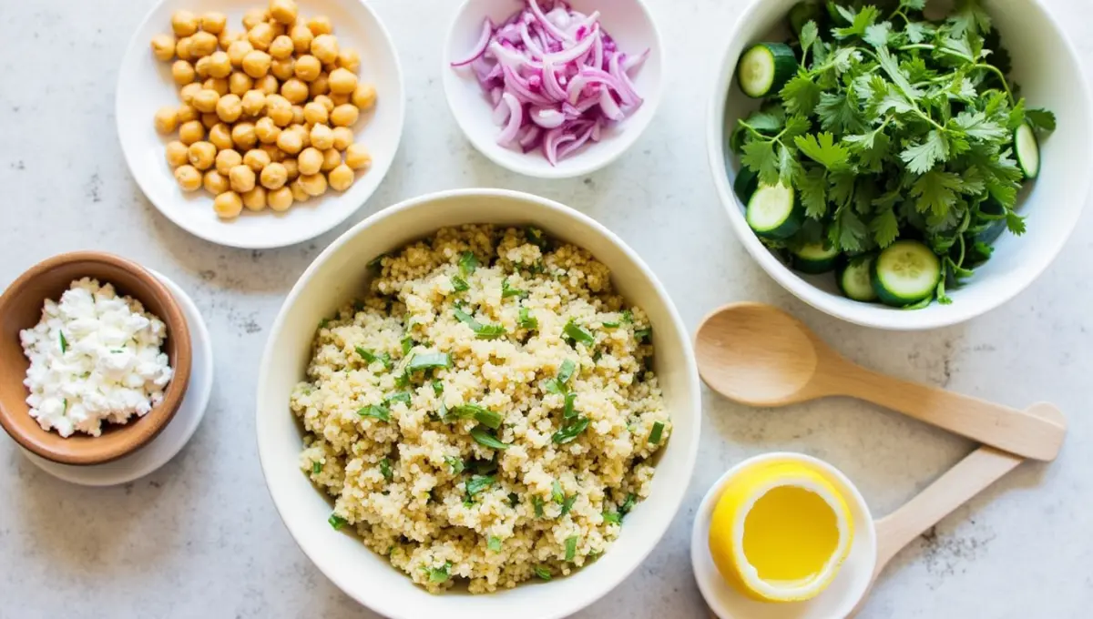 Core ingredients for vegan Jennifer Aniston Salad displayed on a table