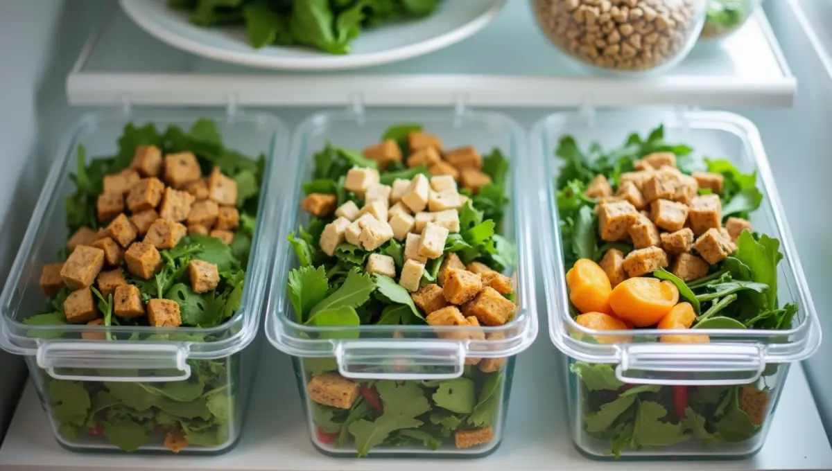 Jennifer Aniston Salad packed in containers for plant-based meal prep