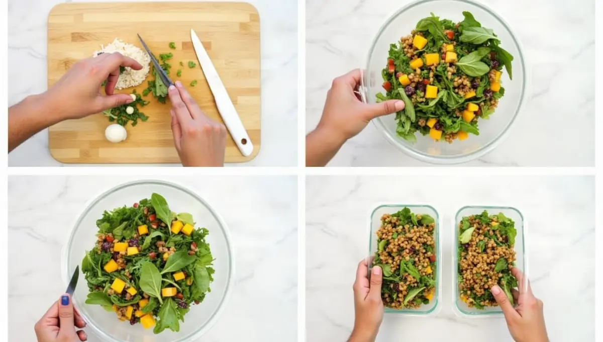 Step-by-step process of preparing vegan Jennifer Aniston Salad