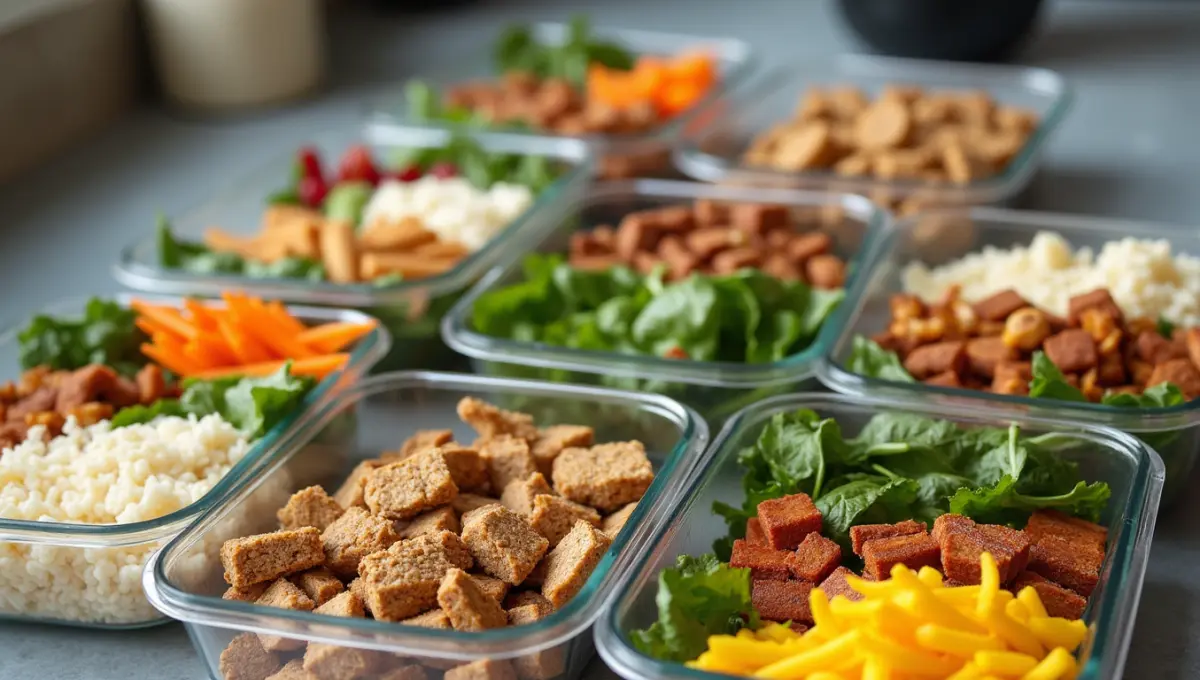 Meal prep containers filled with low carb high protein vegan meals