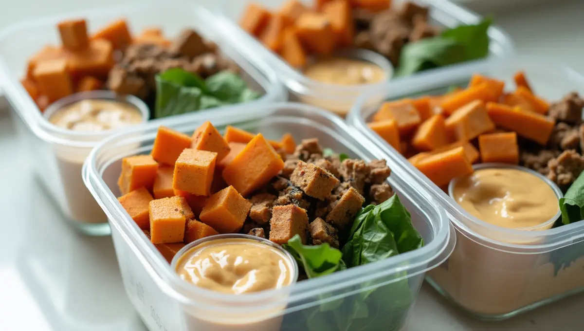 Chicken and Sweet Potato Bowls prepped in containers for weekly plant-based meals