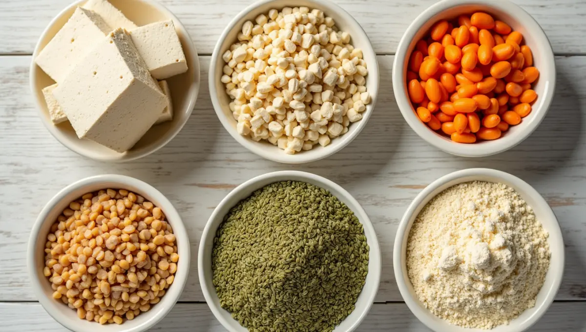 Flat lay of plant-based protein sources used in low carb high protein meals