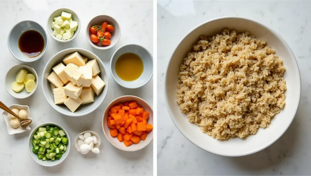 Vegan ingredients for Teriyaki Chicken Rice Bowl recipe on kitchen counter